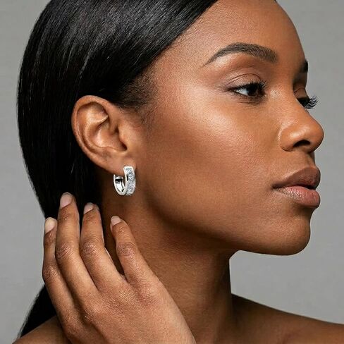 Silver Plated Cubic Zirconia Hoop Earrings - Princess Cut Channel Set Huggie Hoops, Elegant Jewelry for Women for Daily Wear and Special Occasions in Saudi Arabia