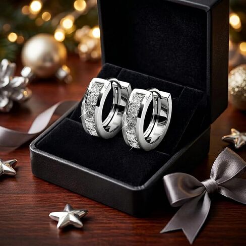 Silver Plated Cubic Zirconia Hoop Earrings - Princess Cut Channel Set Huggie Hoops, Elegant Jewelry for Women for Daily Wear and Special Occasions in Saudi Arabia