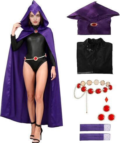 Raven Costume Women Purple Hooded Cloak Jumpsuit with Jeweled Belt Halloween Costume Cosplay Anime Outfit Props in Saudi Arabia