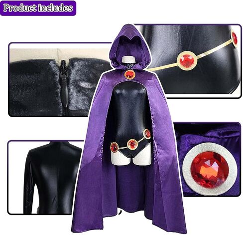 Raven Costume Women Purple Hooded Cloak Jumpsuit with Jeweled Belt Halloween Costume Cosplay Anime Outfit Props in Saudi Arabia