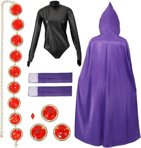 Raven Costume Women Purple Hooded Cloak Jumpsuit with Jeweled Belt Halloween Costume Cosplay Anime Outfit Props in Saudi Arabia