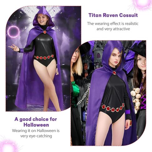 Raven Costume Women Purple Hooded Cloak Jumpsuit with Jeweled Belt Halloween Costume Cosplay Anime Outfit Props in Saudi Arabia