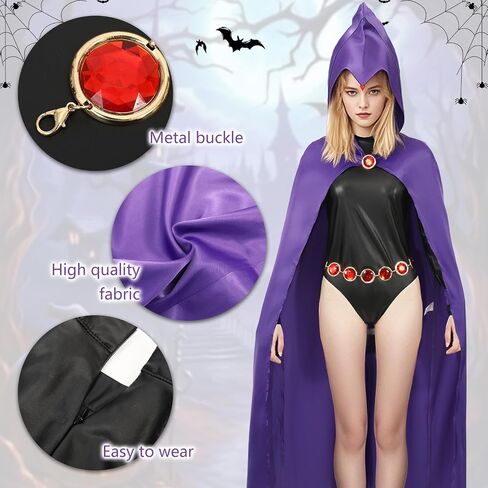 Raven Costume Women Purple Hooded Cloak Jumpsuit with Jeweled Belt Halloween Costume Cosplay Anime Outfit Props in Saudi Arabia