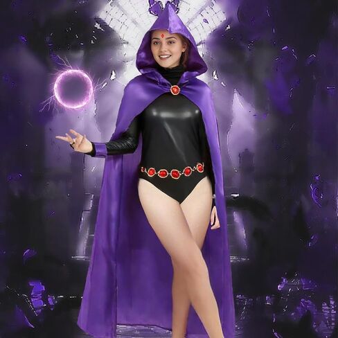 Raven Costume Women Purple Hooded Cloak Jumpsuit with Jeweled Belt Halloween Costume Cosplay Anime Outfit Props in Saudi Arabia
