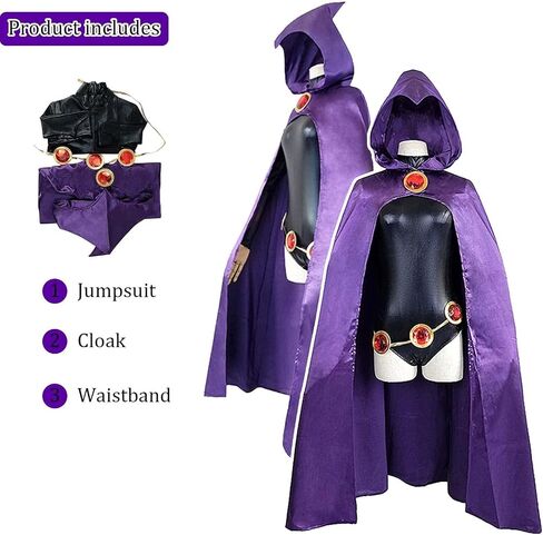 Raven Costume Women Purple Hooded Cloak Jumpsuit with Jeweled Belt Halloween Costume Cosplay Anime Outfit Props in Saudi Arabia