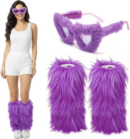 Women Fur Leg Warmers with Fuzzy Sunglasses Set, Stylish Fluffy Boot Cover Cuffs for Halloween Santa Party Costume in Saudi Arabia