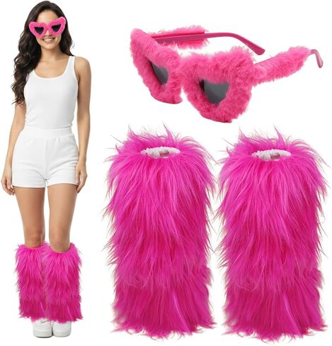 Women Fur Leg Warmers with Fuzzy Sunglasses Set, Stylish Fluffy Boot Cover Cuffs for Halloween Santa Party Costume in Saudi Arabia