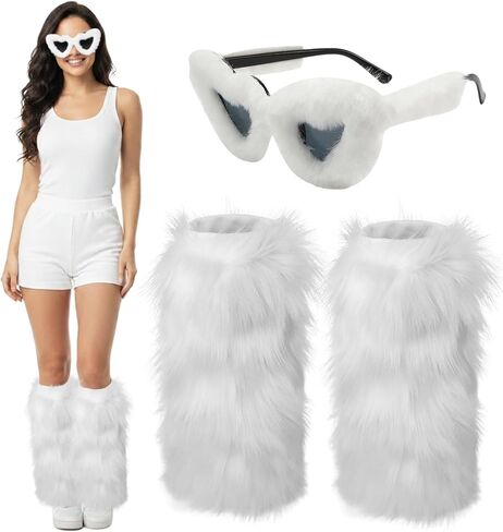 Women Fur Leg Warmers with Fuzzy Sunglasses Set, Stylish Fluffy Boot Cover Cuffs for Halloween Santa Party Costume in Saudi Arabia