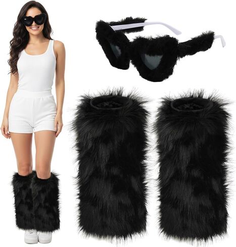 Women Fur Leg Warmers with Fuzzy Sunglasses Set, Stylish Fluffy Boot Cover Cuffs for Halloween Santa Party Costume in Saudi Arabia