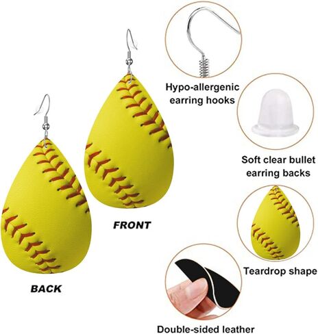 Yellow Softball Faux Leather Teardrop Earrings for Women Drop Dangle Earrings in Saudi Arabia
