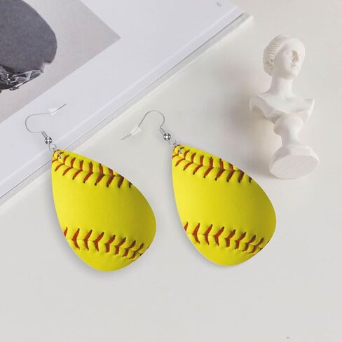 Yellow Softball Faux Leather Teardrop Earrings for Women Drop Dangle Earrings in Saudi Arabia