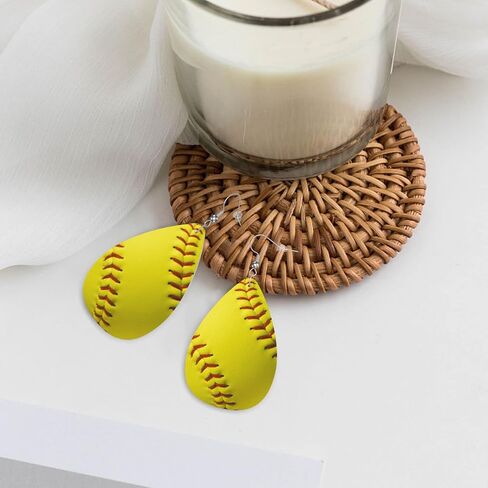 Yellow Softball Faux Leather Teardrop Earrings for Women Drop Dangle Earrings in Saudi Arabia