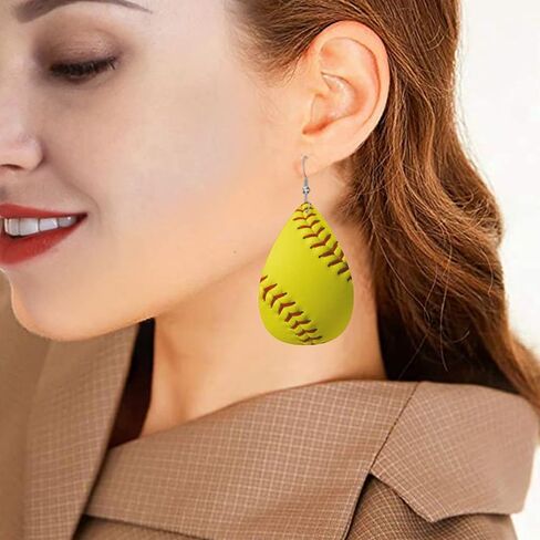 Yellow Softball Faux Leather Teardrop Earrings for Women Drop Dangle Earrings in Saudi Arabia