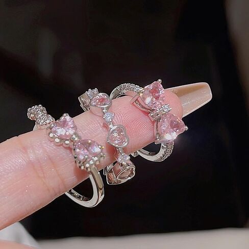Pink Cubic Zirconia Cute Bowknot Finger Rings 925 Sterling Silver 14K Gold Plated Adjustable Rhinestone Butterfly Bowkont Open Rings Wedding Jewelry for Women（Pink） in Saudi Arabia