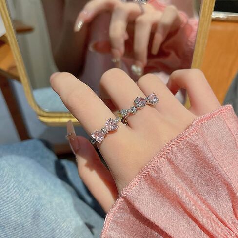 Pink Cubic Zirconia Cute Bowknot Finger Rings 925 Sterling Silver 14K Gold Plated Adjustable Rhinestone Butterfly Bowkont Open Rings Wedding Jewelry for Women（Pink） in Saudi Arabia