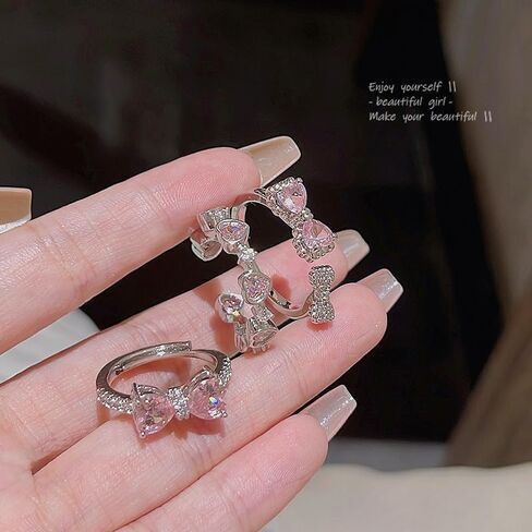 Pink Cubic Zirconia Cute Bowknot Finger Rings 925 Sterling Silver 14K Gold Plated Adjustable Rhinestone Butterfly Bowkont Open Rings Wedding Jewelry for Women（Pink） in Saudi Arabia