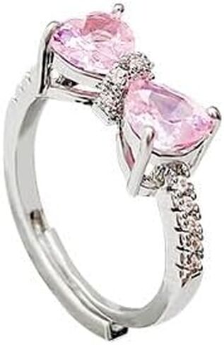 Pink Cubic Zirconia Cute Bowknot Finger Rings 925 Sterling Silver 14K Gold Plated Adjustable Rhinestone Butterfly Bowkont Open Rings Wedding Jewelry for Women（Pink） in Saudi Arabia