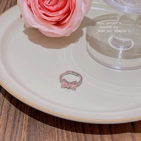 Pink Cubic Zirconia Cute Bowknot Finger Rings 925 Sterling Silver 14K Gold Plated Adjustable Rhinestone Butterfly Bowkont Open Rings Wedding Jewelry for Women（Pink） in Saudi Arabia