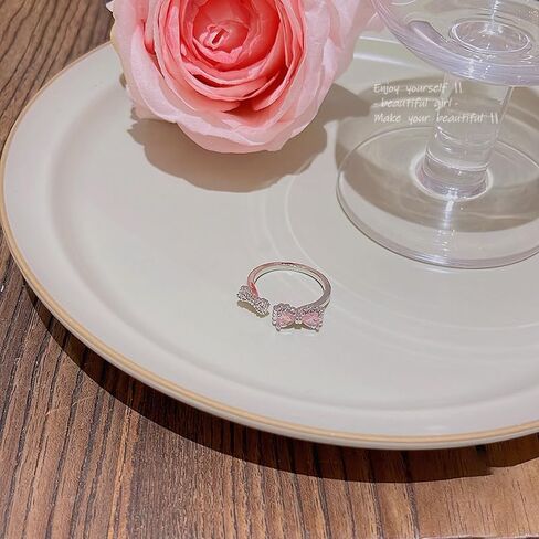 Pink Cubic Zirconia Cute Bowknot Finger Rings 925 Sterling Silver 14K Gold Plated Adjustable Rhinestone Butterfly Bowkont Open Rings Wedding Jewelry for Women（Pink） in Saudi Arabia