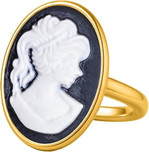 Cameo Women Portrait 24K Gold Vermeil 925 Sterling Silver Black White Coin Ring, Cameo Lady Signet Ring, Dainty Carving, Handmade Rings for Women Statement Turkish Fine Jewelry in Kuwait