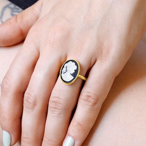 Cameo Women Portrait 24K Gold Vermeil 925 Sterling Silver Black White Coin Ring, Cameo Lady Signet Ring, Dainty Carving, Handmade Rings for Women Statement Turkish Fine Jewelry in Kuwait