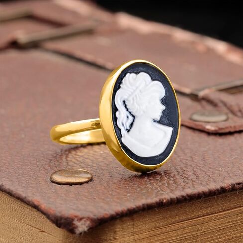 Cameo Women Portrait 24K Gold Vermeil 925 Sterling Silver Black White Coin Ring, Cameo Lady Signet Ring, Dainty Carving, Handmade Rings for Women Statement Turkish Fine Jewelry in Kuwait