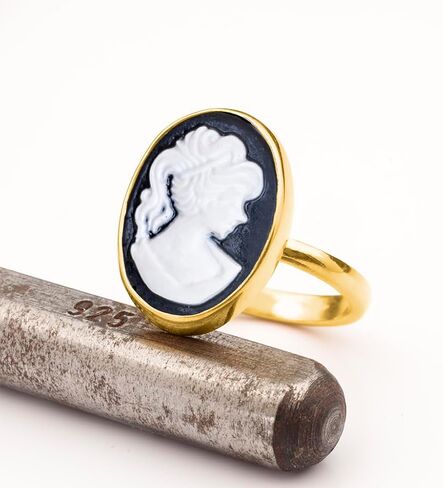 Cameo Women Portrait 24K Gold Vermeil 925 Sterling Silver Black White Coin Ring, Cameo Lady Signet Ring, Dainty Carving, Handmade Rings for Women Statement Turkish Fine Jewelry in Kuwait