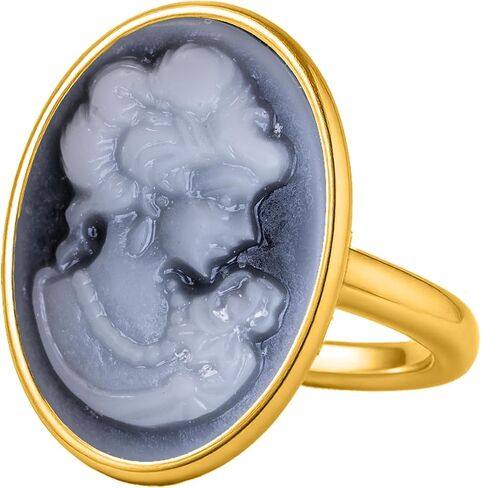 Cameo Women Portrait 24K Gold Vermeil 925 Sterling Silver Black White Coin Ring, Cameo Lady Signet Ring, Dainty Carving, Handmade Rings for Women Statement Turkish Fine Jewelry in Kuwait