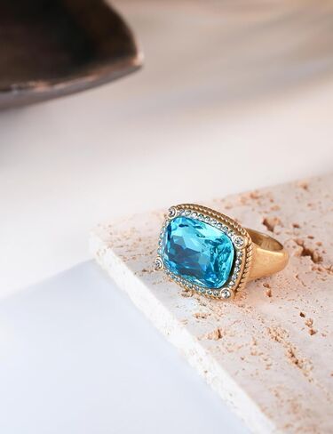 Vintage Gold Plated Ring with Blue Zircon Adjustable Antique Statement Jewelry for Women Size 8-9 in Saudi Arabia