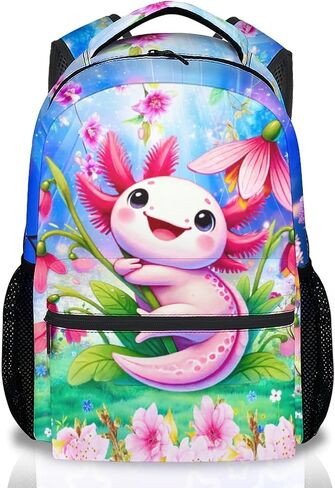 Axolotl Backpack for Girls, Kids Animal Theme Bookbag with Pocket - 17 Inch Durable School Supplies for Elementary Middle Primary Students in Saudi Arabia