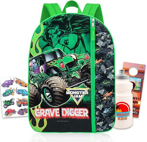 حقيبة ظهر Monster Jam للأولاد - حزمة مع حقيبة مدرسية Grave Digger مقاس 16 بوصة، وزجاجة مياه، ووشم، والمزيد | مجموعة حقيبة ظهر مدرسية Monster Jam للأولاد in Kuwait
