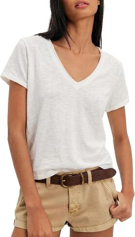 Gnveub Womens V Neck Short Sleeve T Shirts Summer Casual Tops Unique Back Vertical Seam Design Basic Solid Color Tee in Kuwait