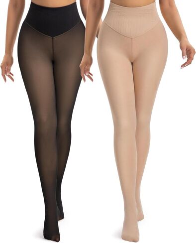 HONGTEYA 2PCS Fleece Lined Leggings Women - Sheer Thermal Tights Fake Translucent Warm Pantyhose for Winter in Saudi Arabia