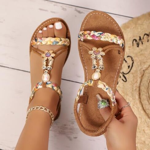 Women Sandals Arch Support Handmade Bohemian Braided Flat Sandals Comfort Walking Beach Ankle Elastic Summer Shoes in Kuwait