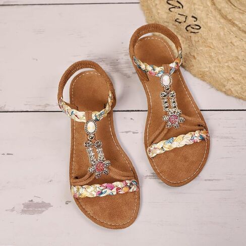 Women Sandals Arch Support Handmade Bohemian Braided Flat Sandals Comfort Walking Beach Ankle Elastic Summer Shoes in Kuwait