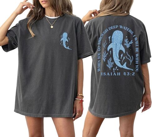 Pinclodly Graphic Tees for Women Short Sleeve Summer Tops Whale Shark Oversized Jesus Shirt Vintage Christian Shirts in Saudi Arabia