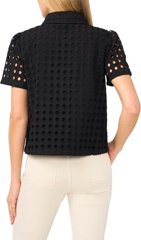 Short Sleeve Eyelet Button Down Top Rich Black in Kuwait