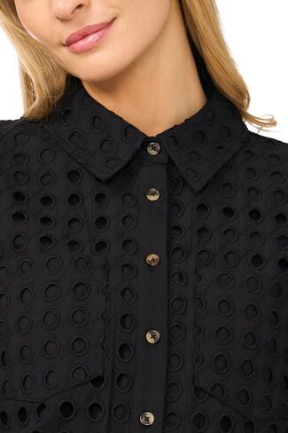 Short Sleeve Eyelet Button Down Top Rich Black in Kuwait