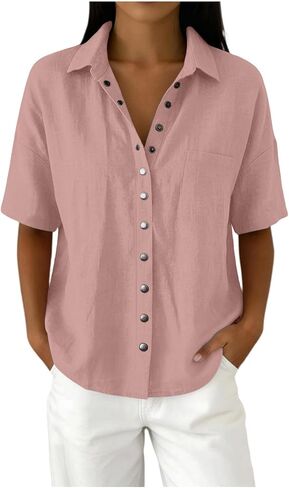 Womens Linen Short Sleeve Button Down Shirts Summer Casual Snap Button Shirt Cotton Gauze Blouses Tops with Pocket in Saudi Arabia