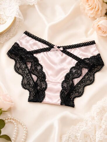 Women's Satin Panties Underwear Sexy Criss Cross Lace Back Full Coverage Hipster Panties Lingerie Briefs in Kuwait