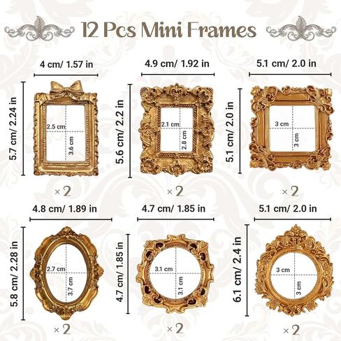 12 Pcs Resin Mini Picture Frames 6 Styles Mini Frame Vintage Carving Small Gold Frames for Crafts Table Top Decor DIY Wall Hanging Jewelry Display Photography Party Hotel Home Decoration (Gold) in Saudi Arabia