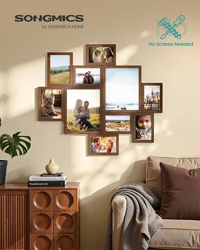SONGMICS Picture Frames, Collage Photo Frames Set of 10, Two 8x10, Four 5x7, Four 4x6, Wall Gallery Display, Tool-Free Assembly,Rustic Brown URPF100MZ01 in Kuwait