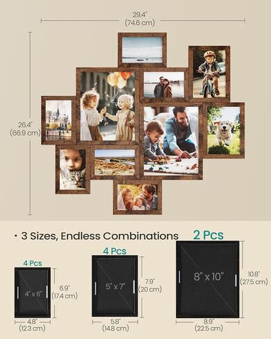 SONGMICS Picture Frames, Collage Photo Frames Set of 10, Two 8x10, Four 5x7, Four 4x6, Wall Gallery Display, Tool-Free Assembly,Rustic Brown URPF100MZ01 in Kuwait
