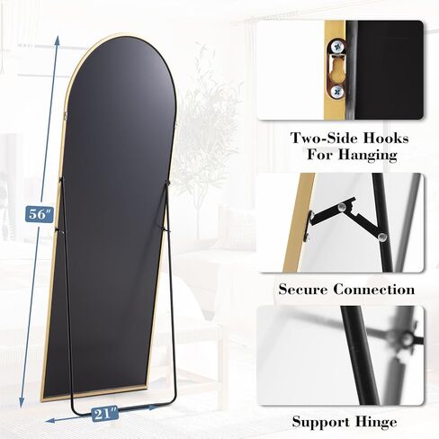 56"x15" Arched Full Length Mirror, Full Body Mirror with Leaning or Standing, Floor Standing Aluminum Frame for Bedroom, Livingroom, Cloakroom, Gold in Saudi Arabia