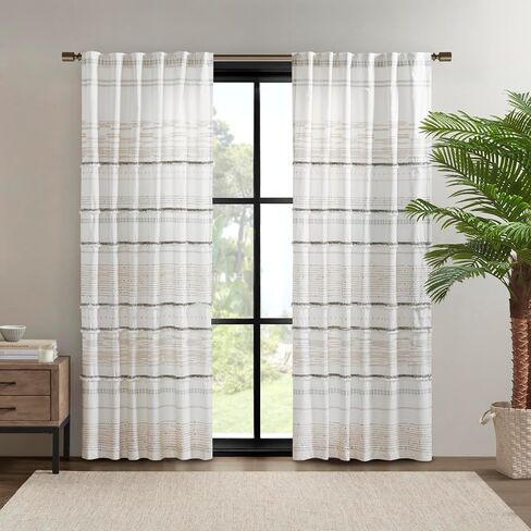 INK+IVY NEA 100% Cotton Single Panel Curtain Stripes Tassels Trim Boho Design Rod Pocket Top Drape for Living Room, Privacy Window Treatment for Bedroom, 50" x 84", Off White/Gray in Saudi Arabia