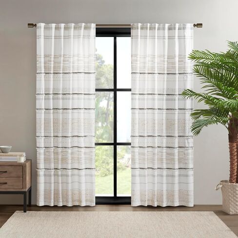 INK+IVY NEA 100% Cotton Single Panel Curtain Stripes Tassels Trim Boho Design Rod Pocket Top Drape for Living Room, Privacy Window Treatment for Bedroom, 50" x 84", Off White/Gray in Saudi Arabia