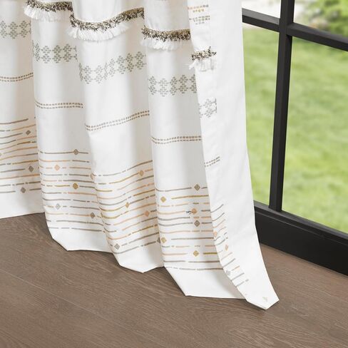 INK+IVY NEA 100% Cotton Single Panel Curtain Stripes Tassels Trim Boho Design Rod Pocket Top Drape for Living Room, Privacy Window Treatment for Bedroom, 50" x 84", Off White/Gray in Saudi Arabia