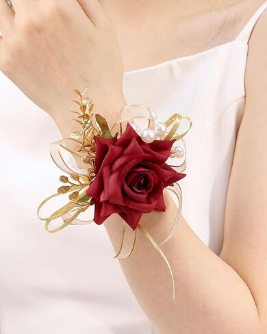 Bethynas Bridal Prom Rose Wrist Corsage Artificial Flower Pearl Wristlet Bridesmaid Hand Flower Bracelet Wristband for Wedding Ceremony Party (Pearl Flower - White) in Kuwait