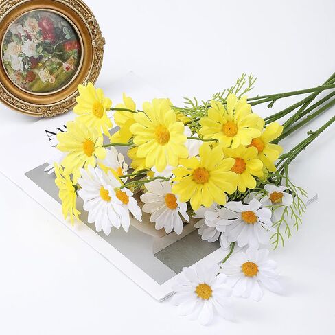 Artificial White Daisy Flowers, 6 Bundles 21" UV Resistant Outdoor Yellow and White Silk Daisies Flowers with Stems and Leaves Faux Greenery Shrubs Plants Arrangements for Home Garden Vase Decor in Saudi Arabia