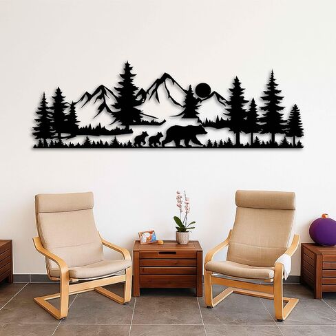 KAWA METALWORKS Rustic Mountain Scene Metal Wall Art with Bears, Black Forest Landscape with Trees and Wildlife, Living Room Wall Hanging, Gift For Lodge, Cabin and Cottagecore in Saudi Arabia